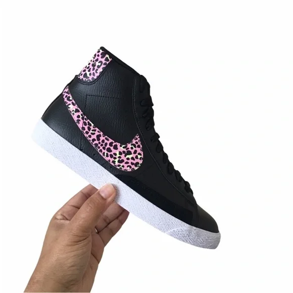 Nike Blazer Mid Black and Pink Leopard Print Sneakers - Picture 2 of 7